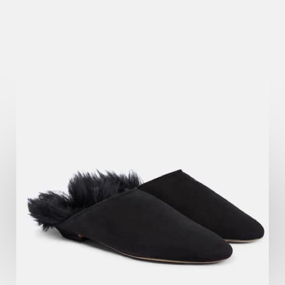 KHAITE Shoes - Khaite Otto Black Suede Shearling-Trim Mules | Size 9.5